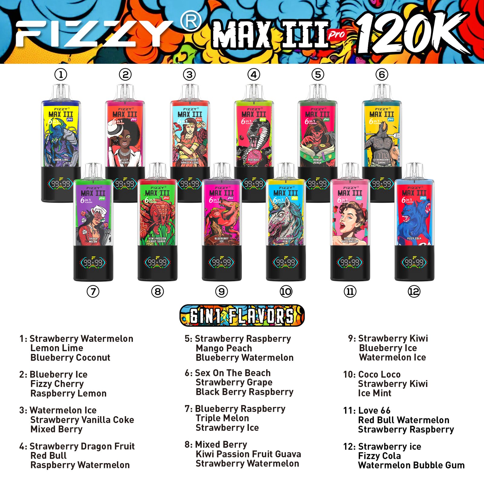 Fizzy MAX III PRO 120k Puffs 6in1 Flavors